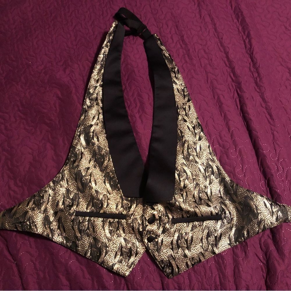 Tux beautiful gold metallic  & black vest large adjustable at neck and back